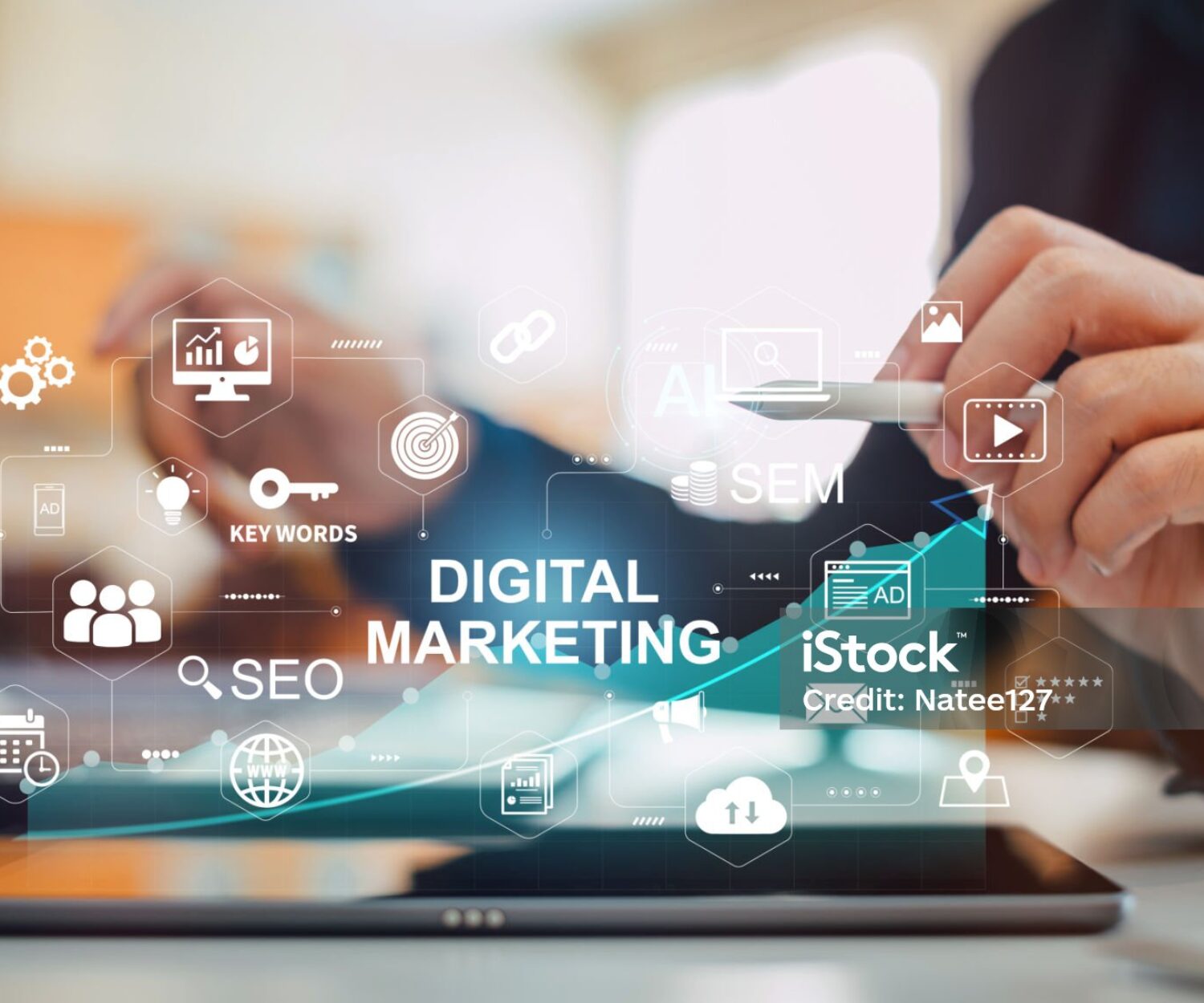 Digital marketing business technology. Website advertisement email social media network, SEO, SEM video and mobile application icons in virtual screen.